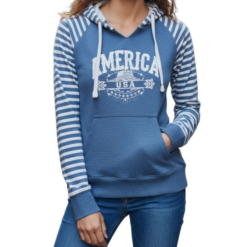 COCONUT‎ CREEK Graphic Hoodie America Blue Nautical Stripped Women Small Coastal